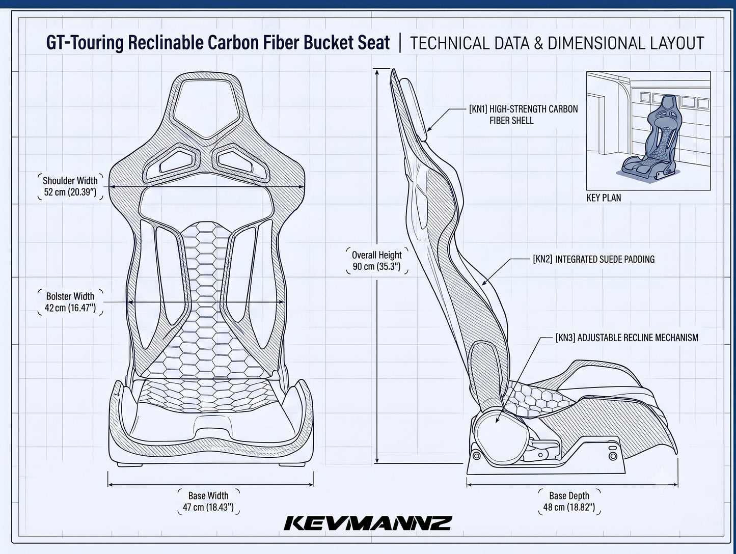 Kevmanns "GT Touring" Reclinable Full Carbon Fiber Bucket Seat